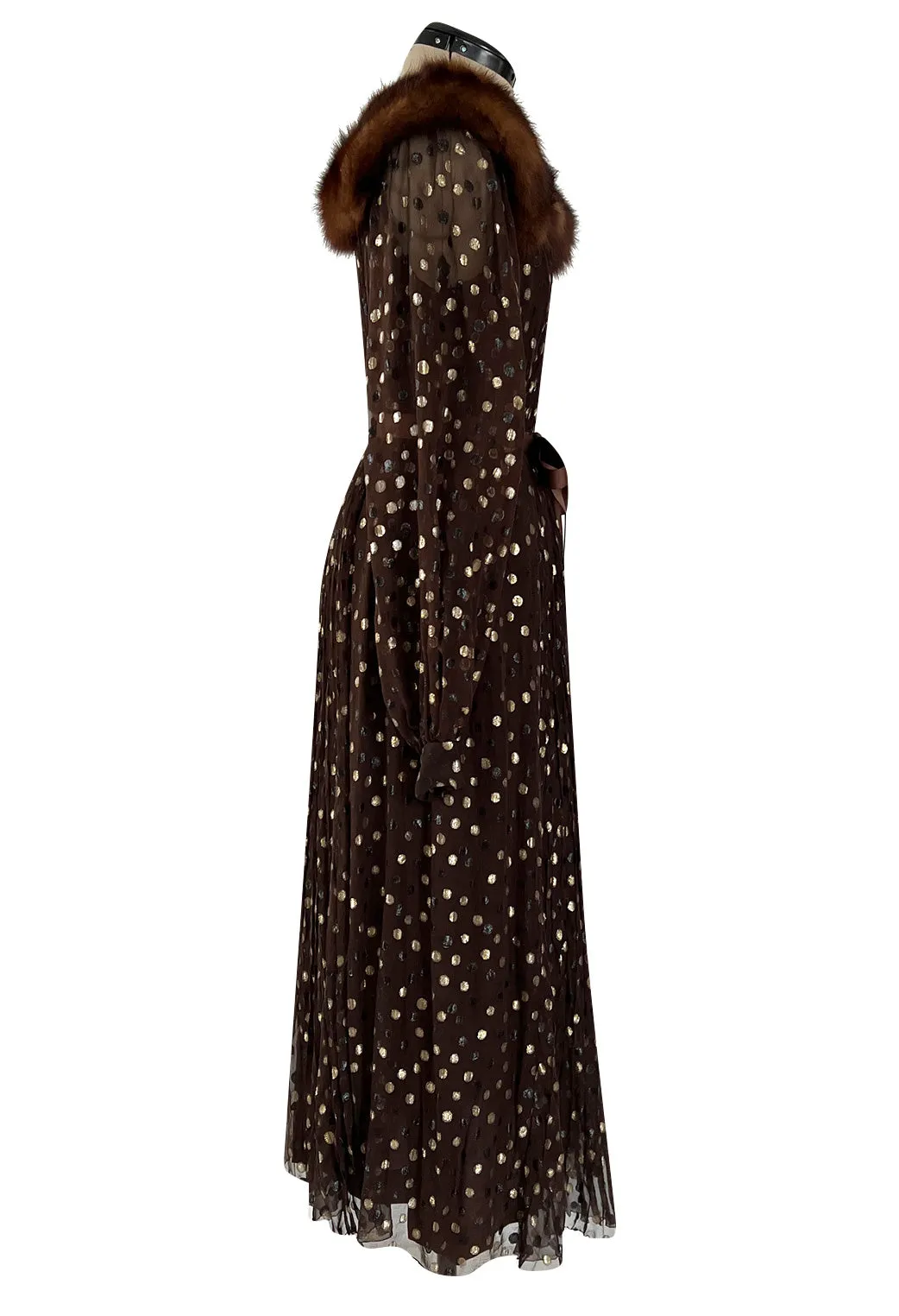 1970s Givenchy by Hubert de Givenchy Haute Couture Gold Metallic Dot on Silk Chiffon Dress w Mink Trim