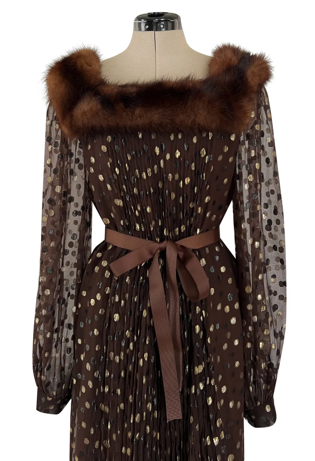 1970s Givenchy by Hubert de Givenchy Haute Couture Gold Metallic Dot on Silk Chiffon Dress w Mink Trim