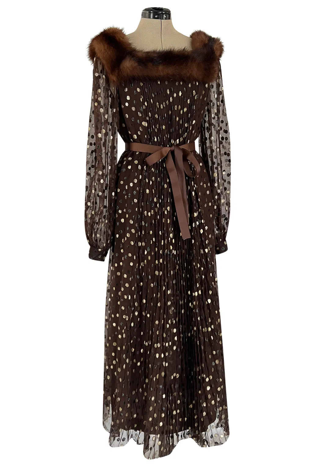 1970s Givenchy by Hubert de Givenchy Haute Couture Gold Metallic Dot on Silk Chiffon Dress w Mink Trim