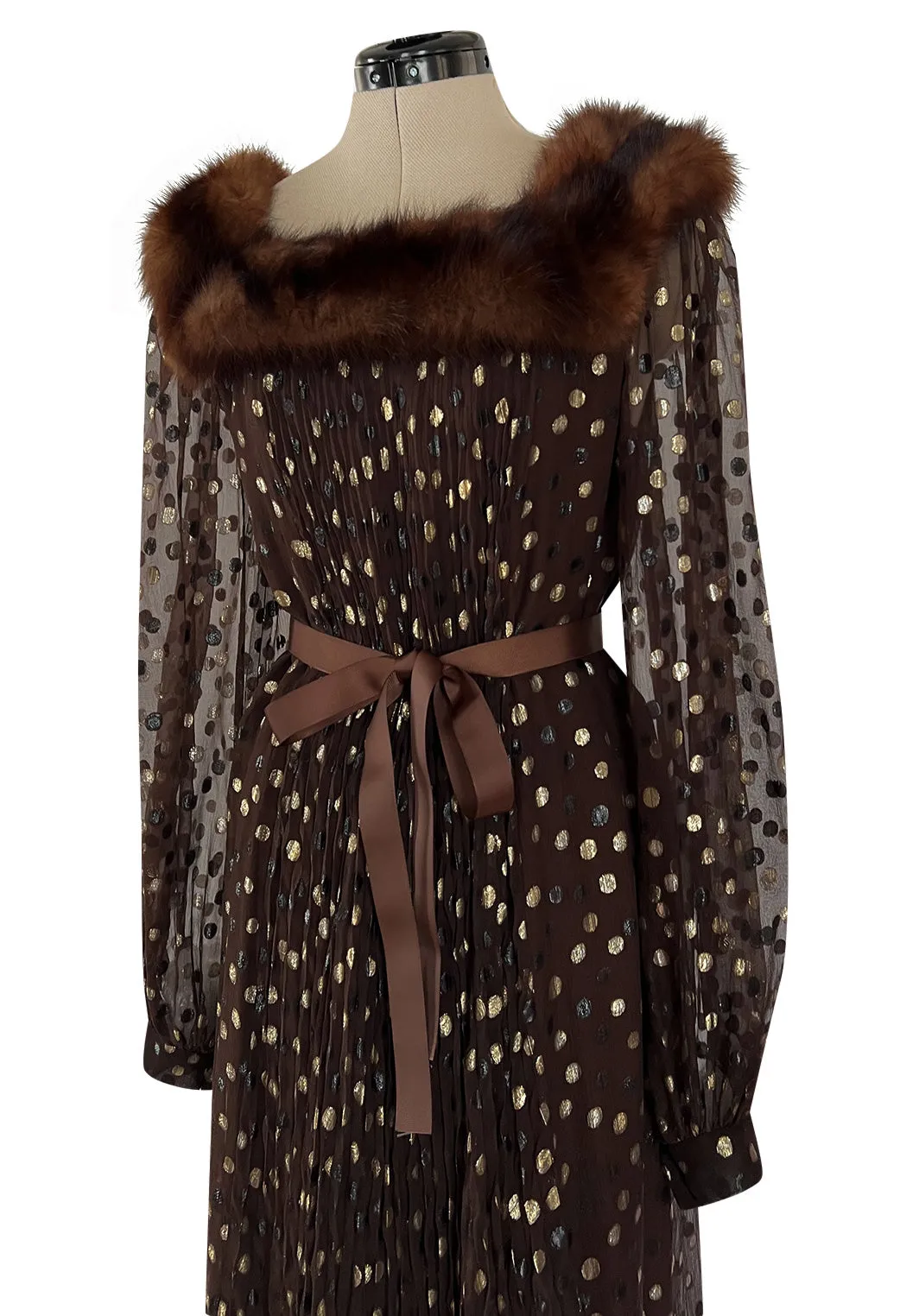 1970s Givenchy by Hubert de Givenchy Haute Couture Gold Metallic Dot on Silk Chiffon Dress w Mink Trim