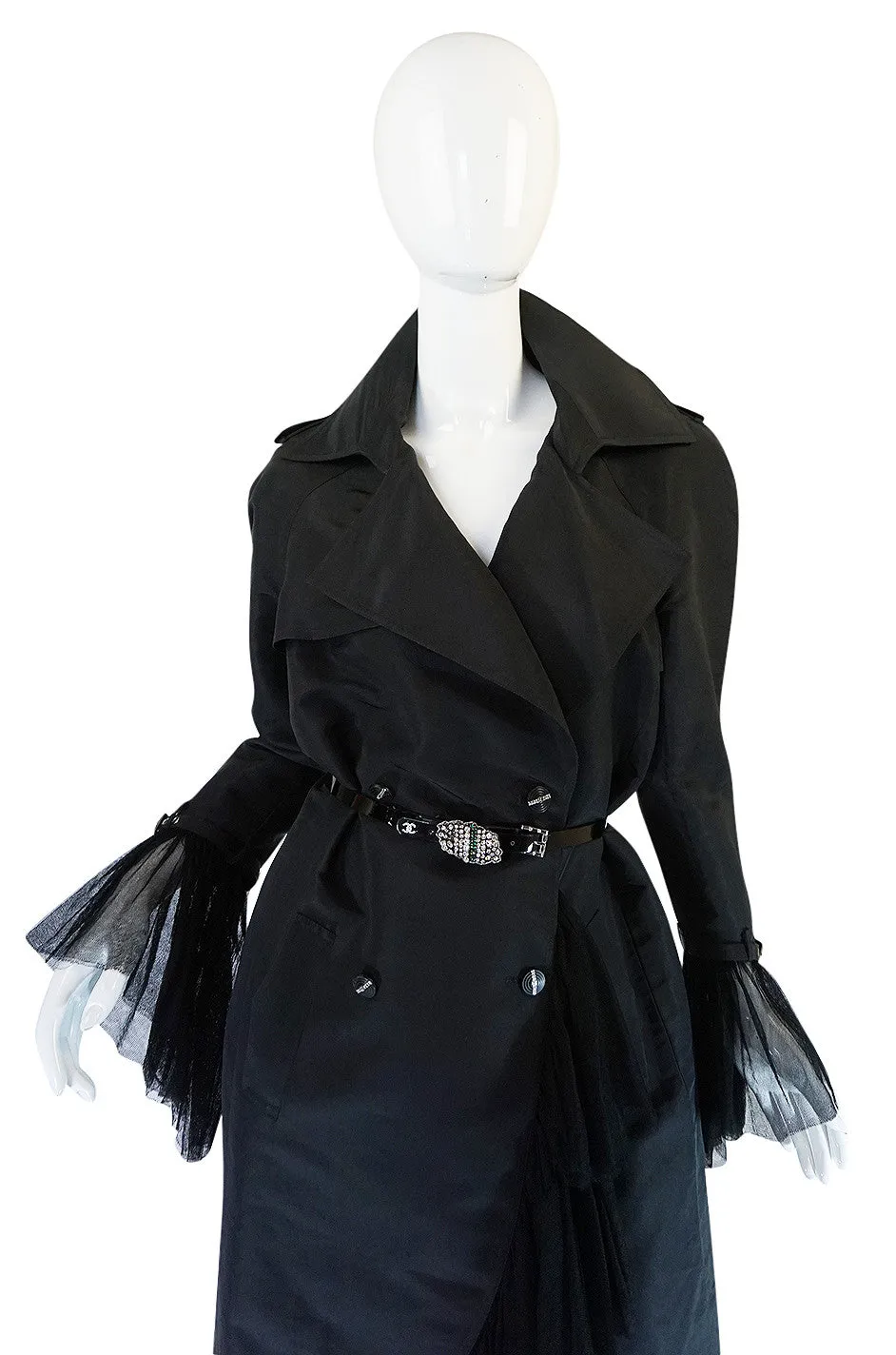2006A Chanel Black Silk Tulle Edged Trench Coat