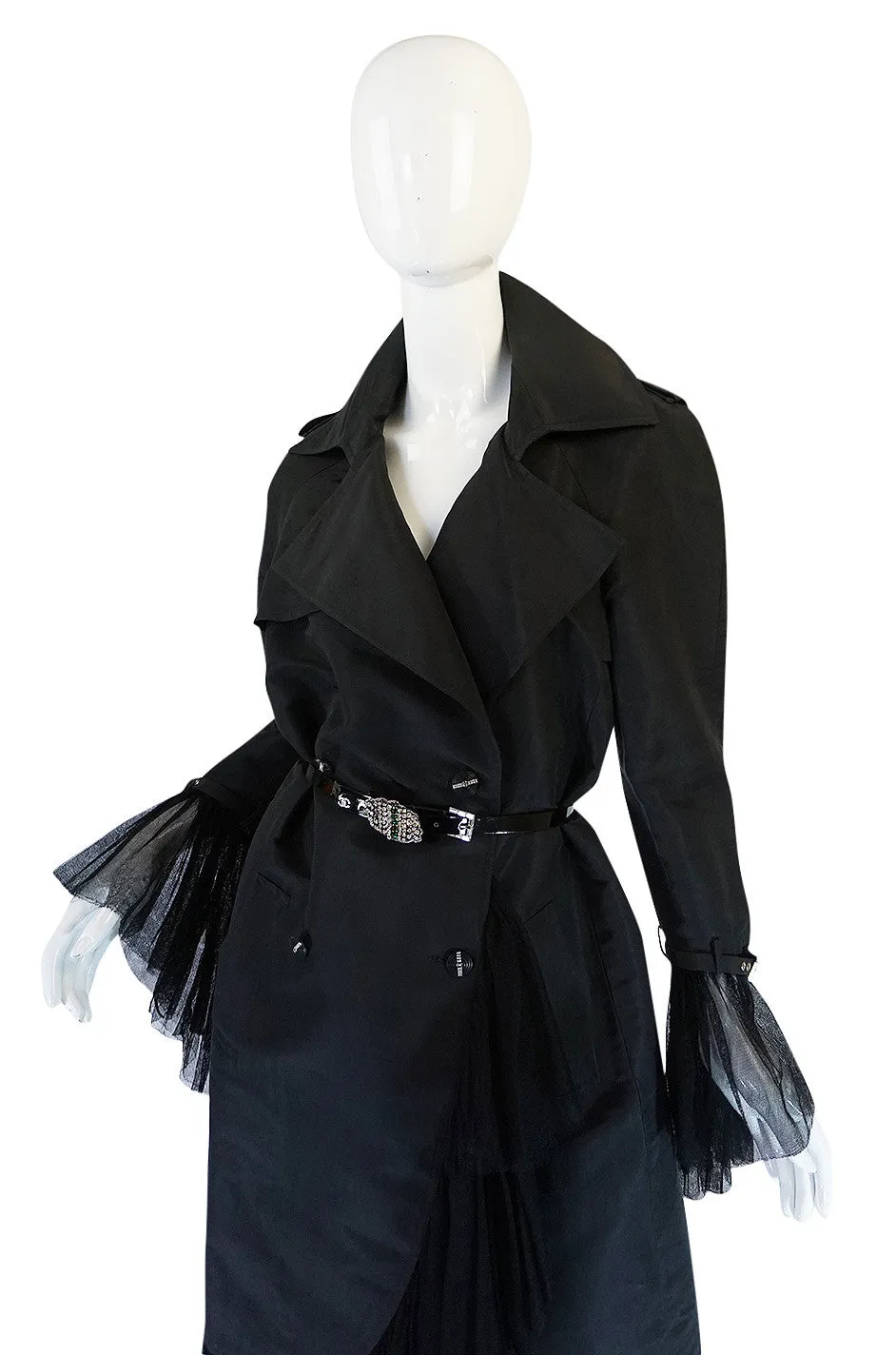 2006A Chanel Black Silk Tulle Edged Trench Coat