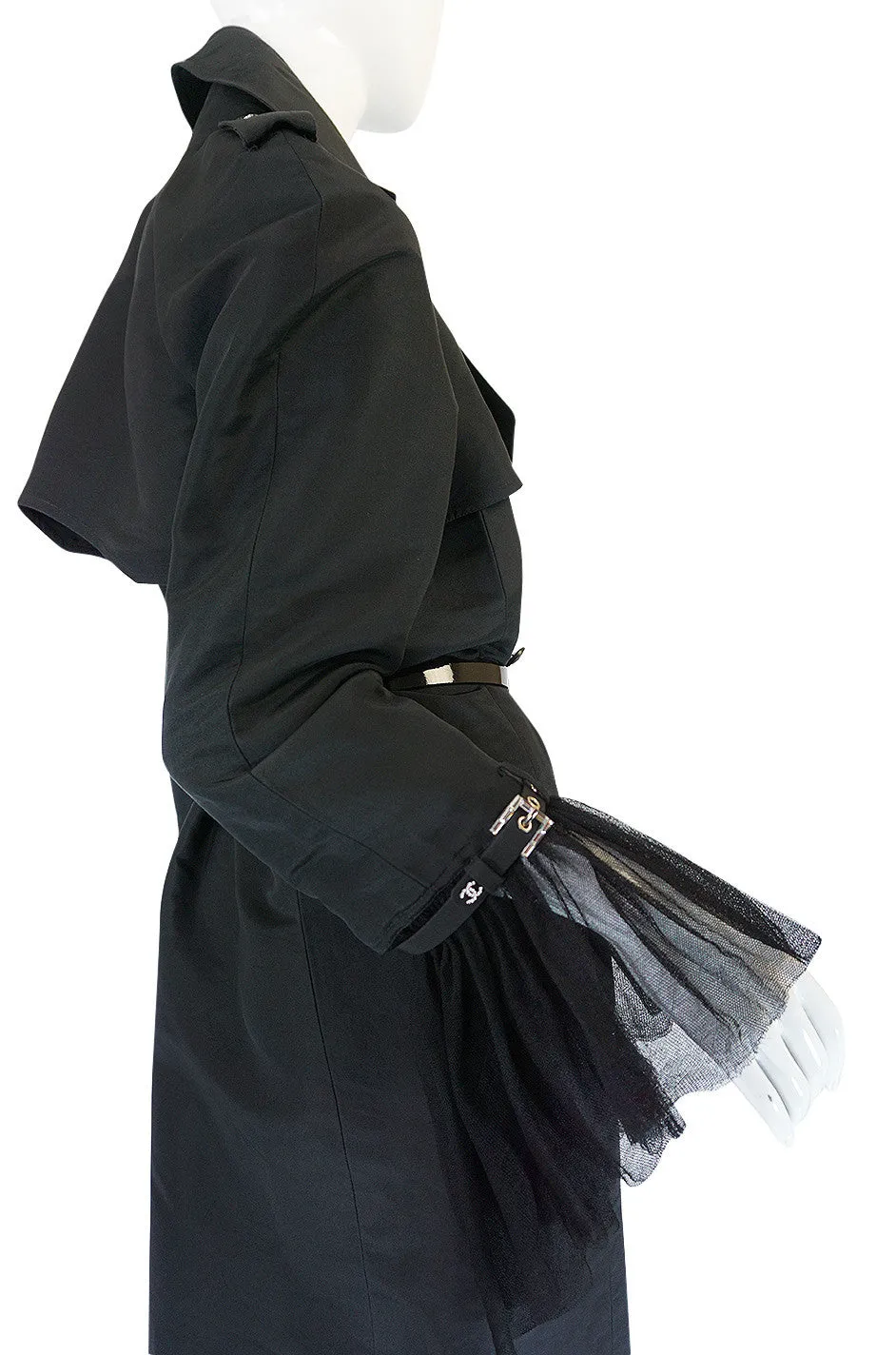 2006A Chanel Black Silk Tulle Edged Trench Coat