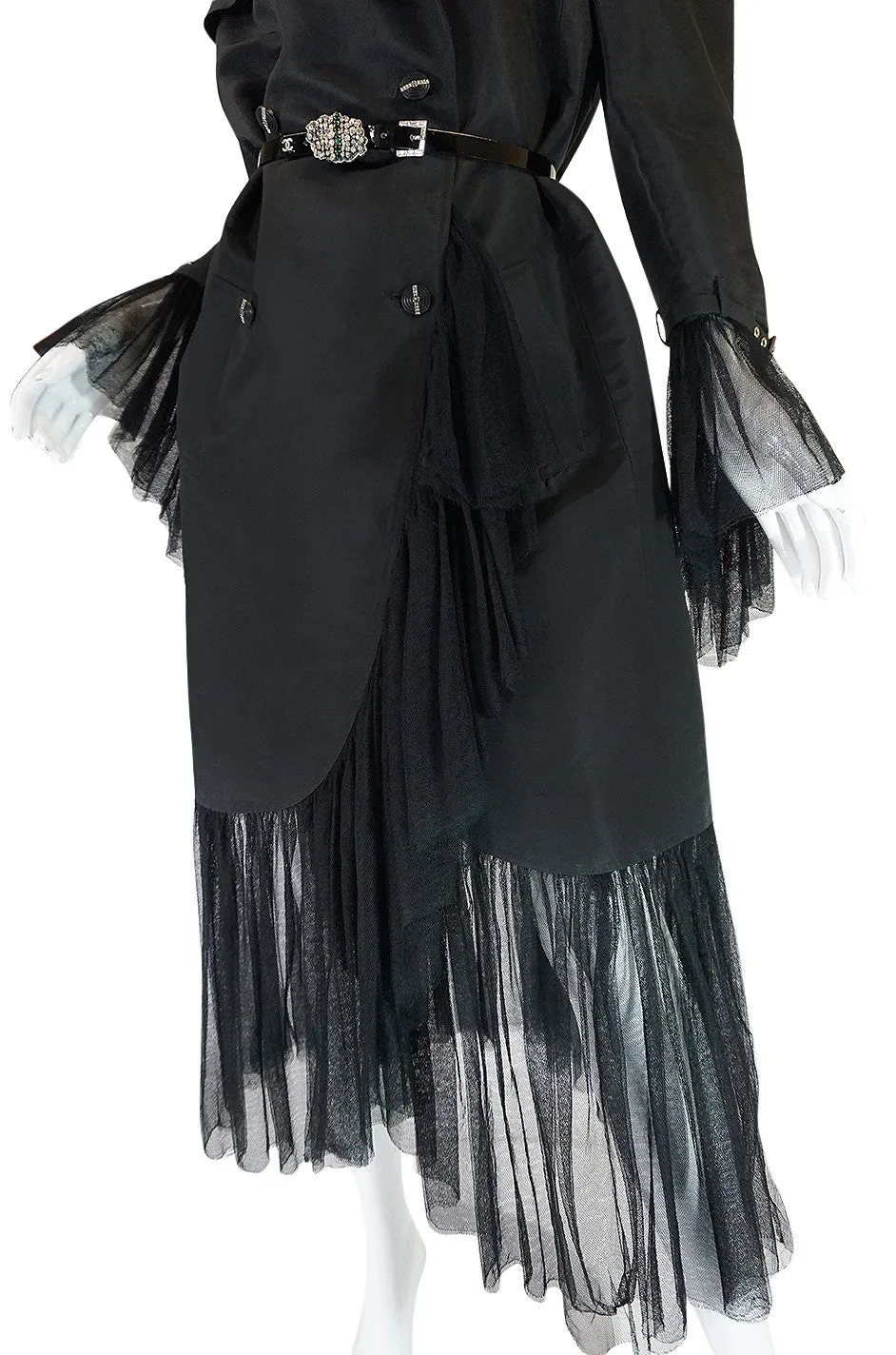 2006A Chanel Black Silk Tulle Edged Trench Coat