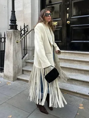 2023 Autumn New Solid Tassel Woolen Blends Coat Women Lapel Full Sleeve With Pocket Coats Female Fashion Streetwear Overcoats