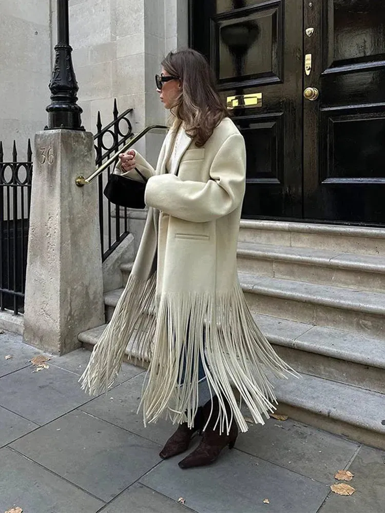 2023 Autumn New Solid Tassel Woolen Blends Coat Women Lapel Full Sleeve With Pocket Coats Female Fashion Streetwear Overcoats