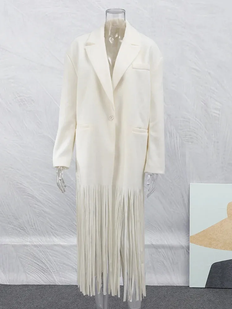 2023 Autumn New Solid Tassel Woolen Blends Coat Women Lapel Full Sleeve With Pocket Coats Female Fashion Streetwear Overcoats
