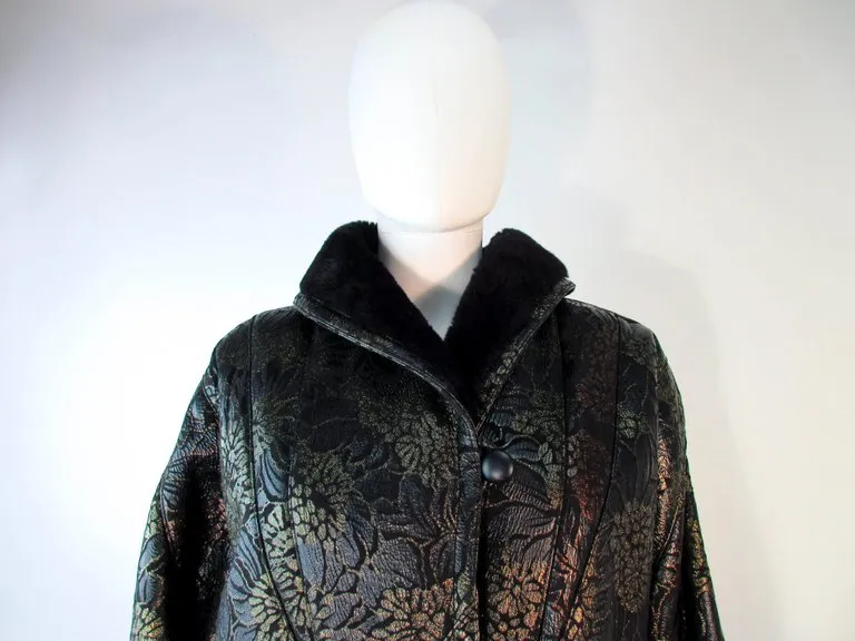 ADRIENNE LANDAU Spanish Leather Metallic Floral Pattern Coat Size 6-8