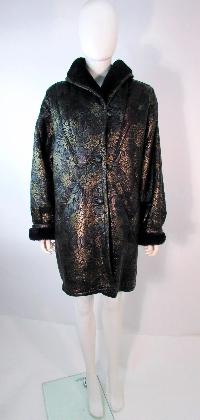 ADRIENNE LANDAU Spanish Leather Metallic Floral Pattern Coat Size 6-8