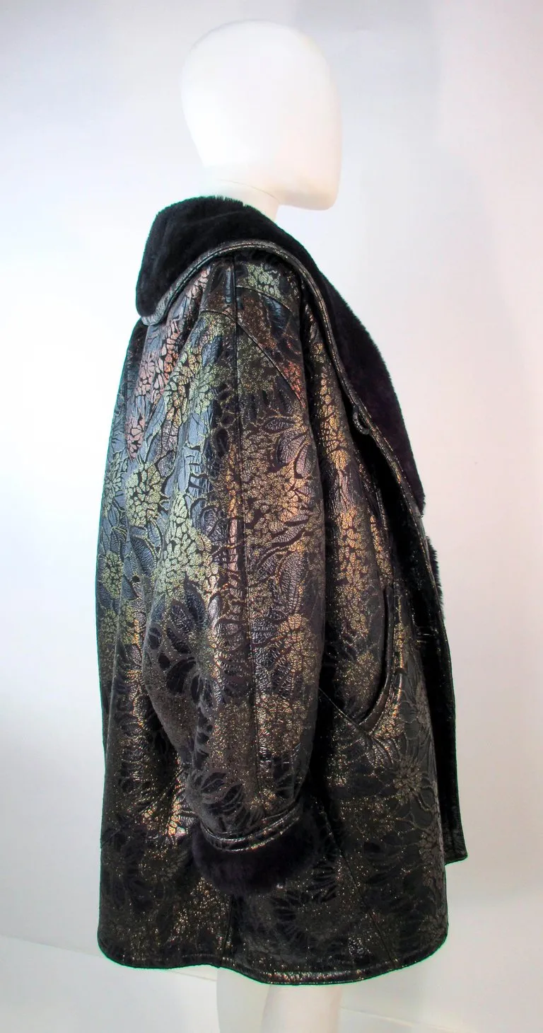 ADRIENNE LANDAU Spanish Leather Metallic Floral Pattern Coat Size 6-8