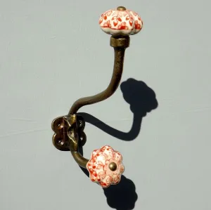 Antique brass effect Double Hook with Red & White shaped ceramic ends