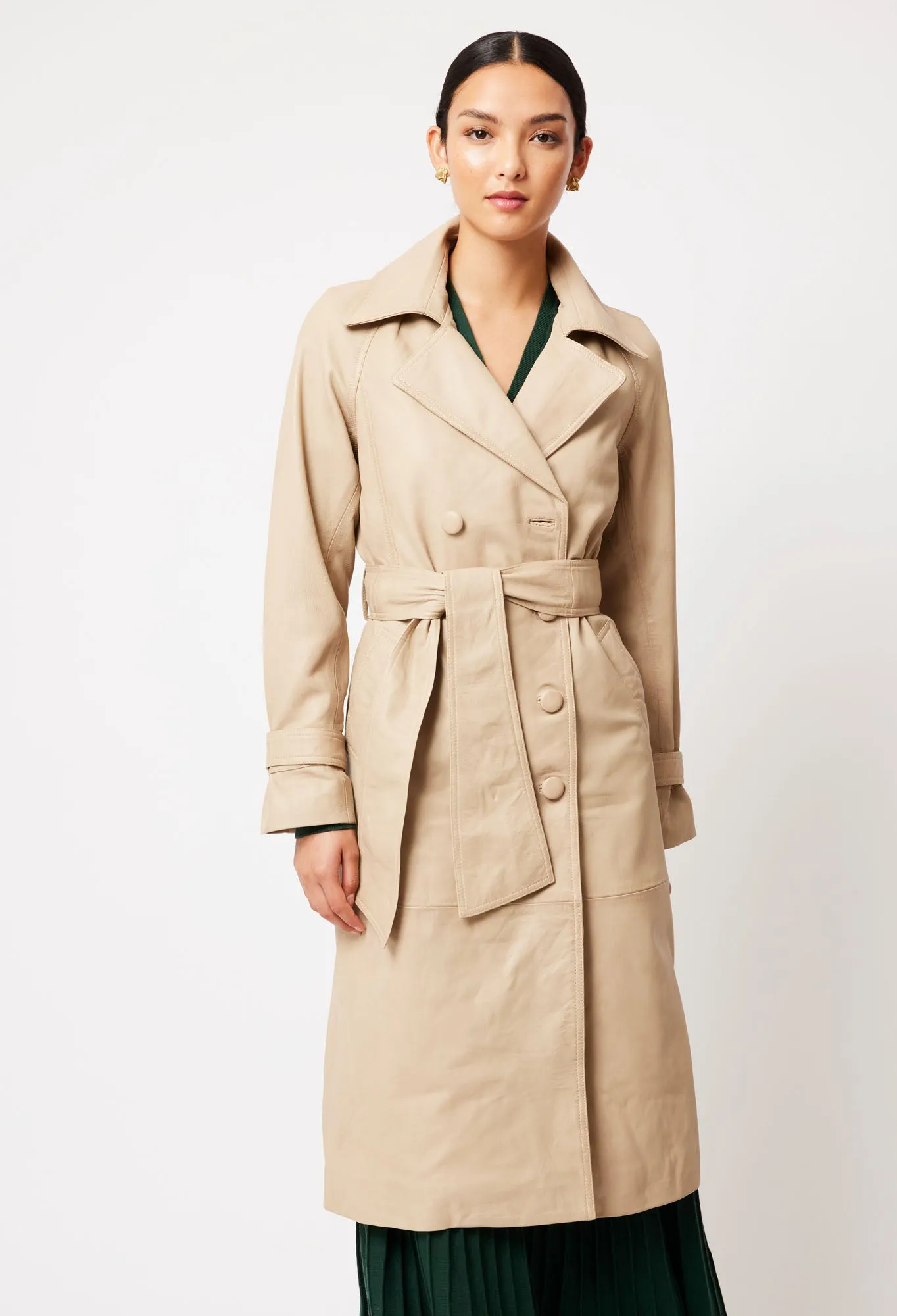 Astra Leather Trench Coat in Oatmeal