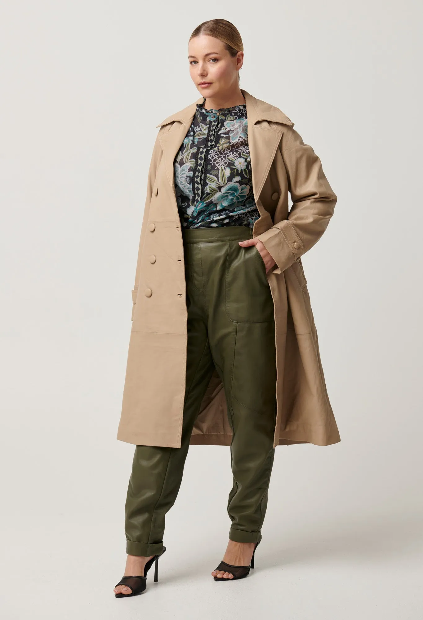 Astra Leather Trench Coat in Oatmeal