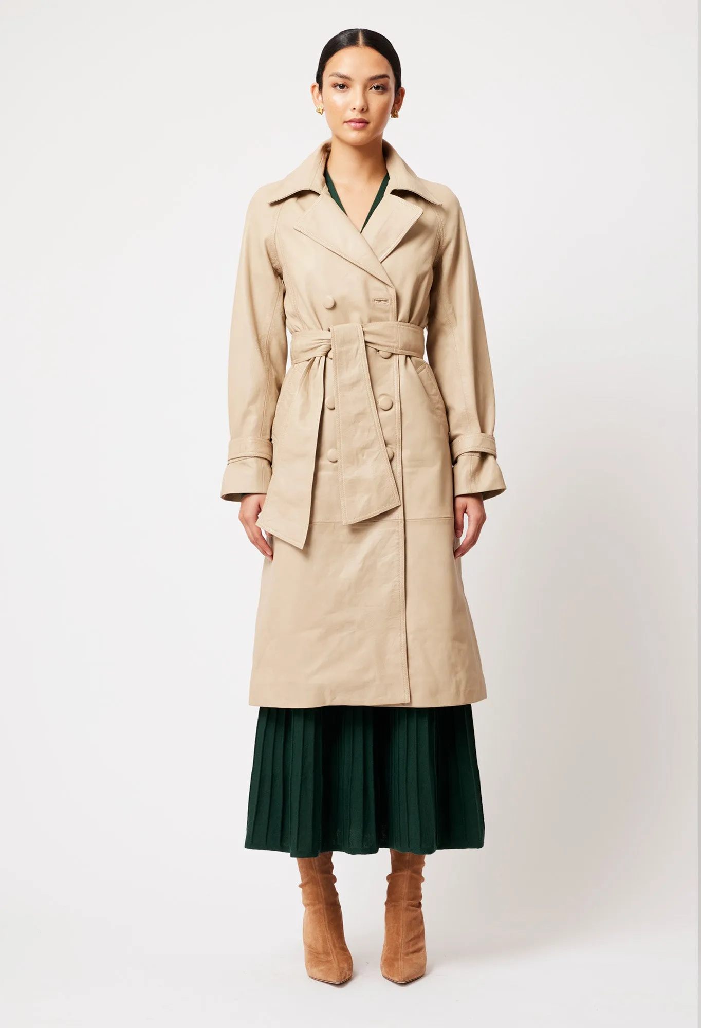 Astra Leather Trench Coat in Oatmeal