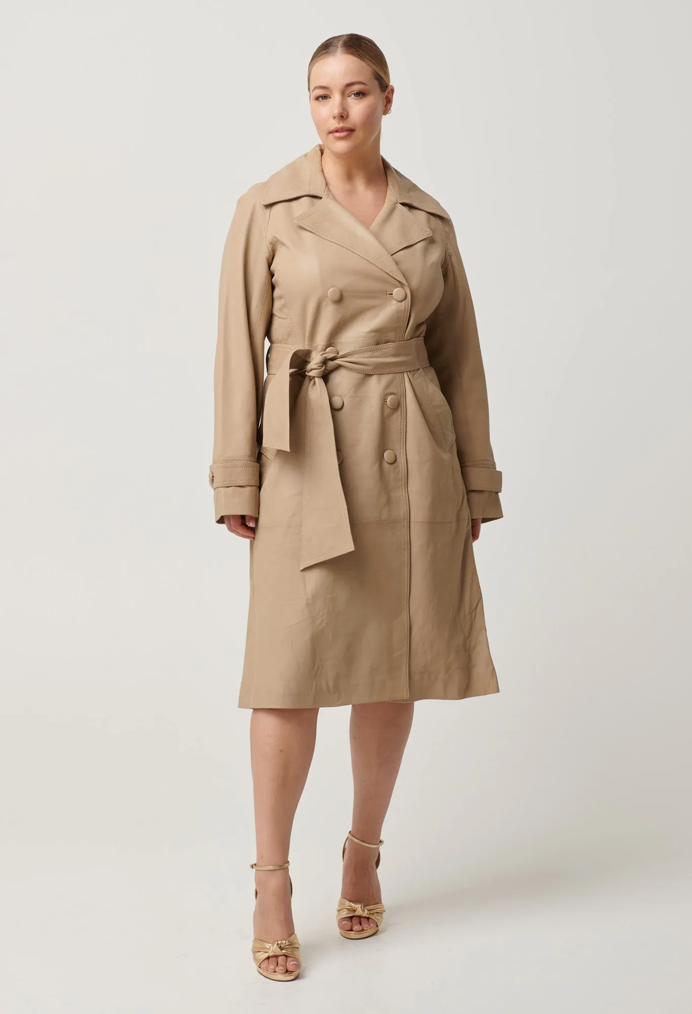 Astra Leather Trench Coat in Oatmeal