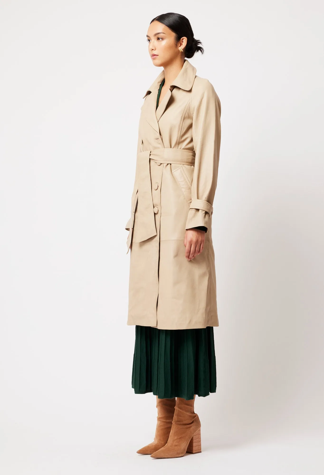 Astra Leather Trench Coat in Oatmeal