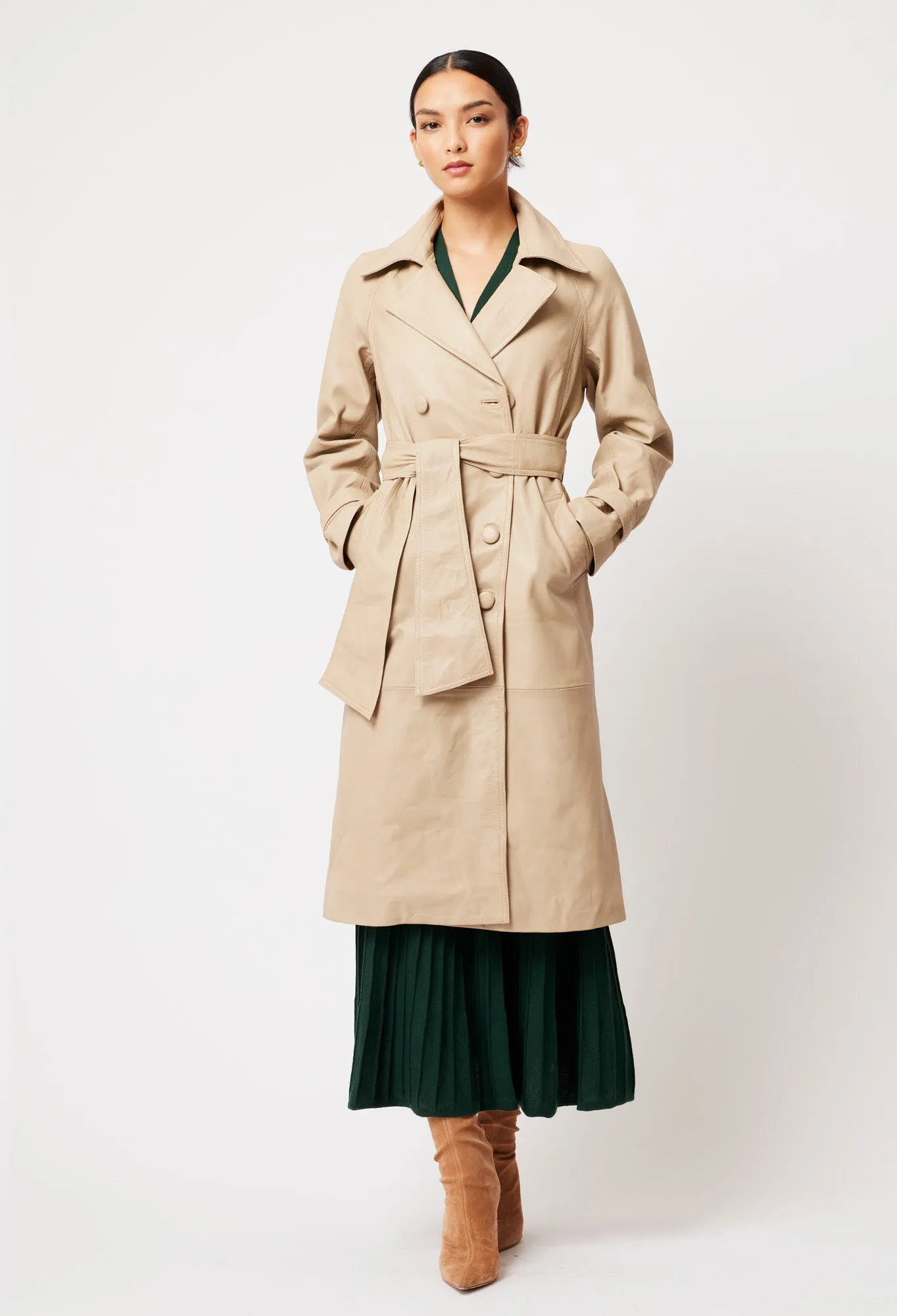 Astra Leather Trench Coat in Oatmeal