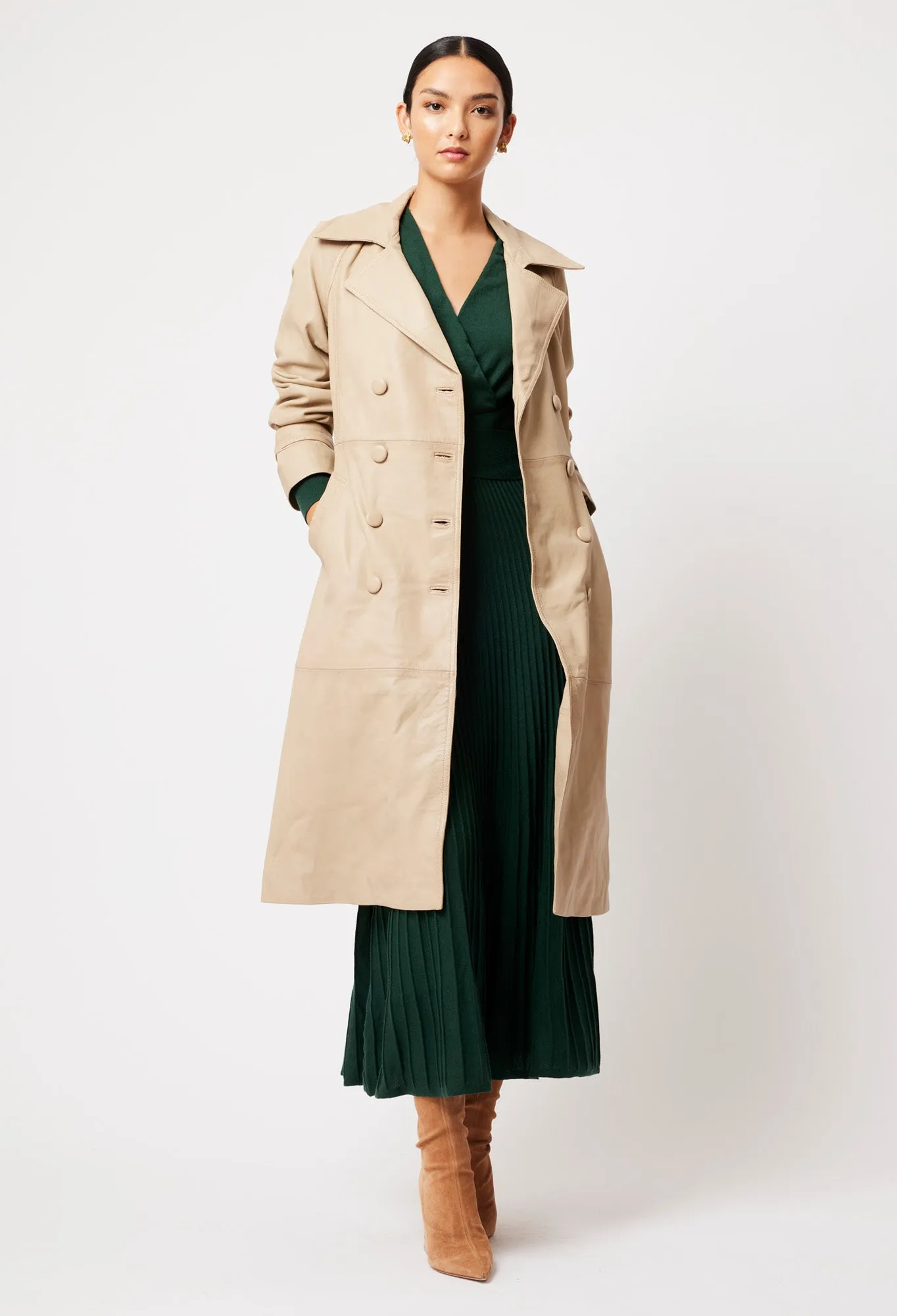 Astra Leather Trench Coat in Oatmeal
