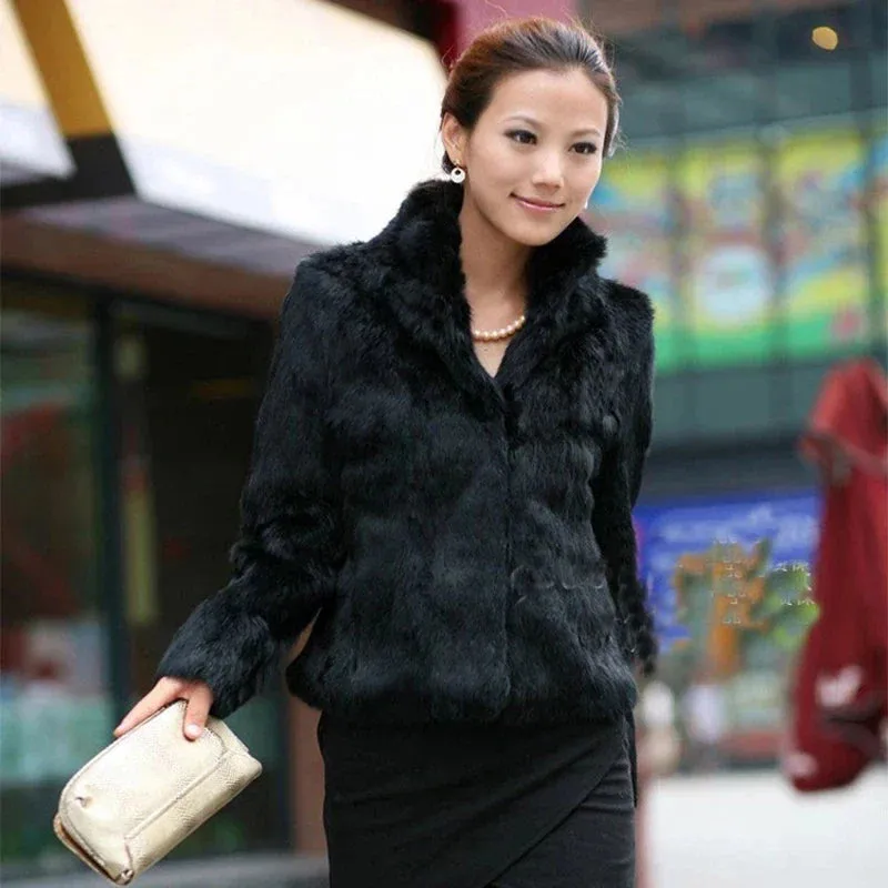 Autumn Winter Genuine Rabbit Fur Coat Women Full Pelt Rabbit Fur Jacket Fashion Fur Mandarin Collar Overcoats