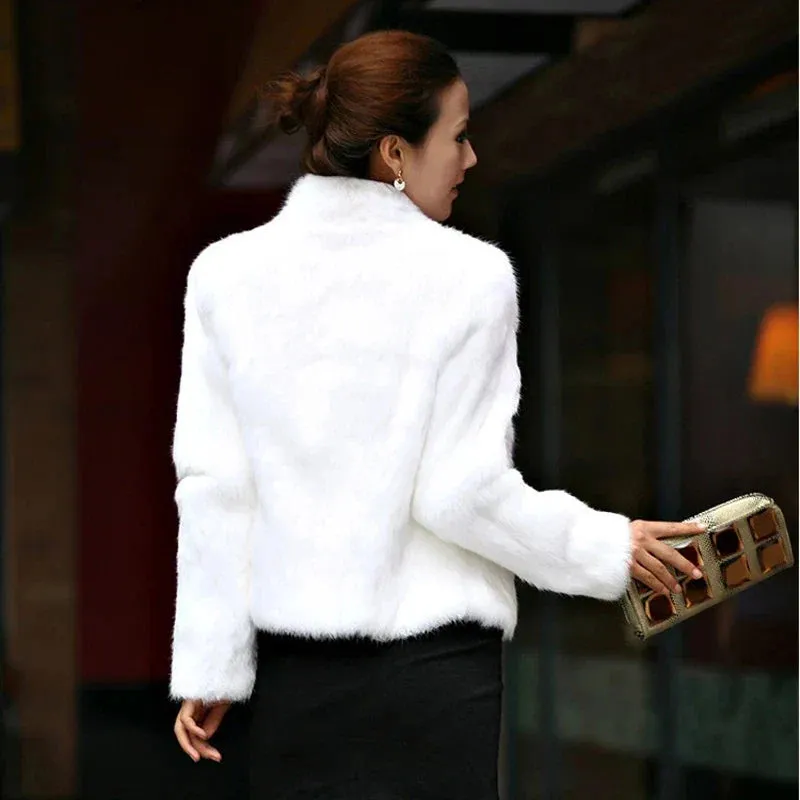 Autumn Winter Genuine Rabbit Fur Coat Women Full Pelt Rabbit Fur Jacket Fashion Fur Mandarin Collar Overcoats