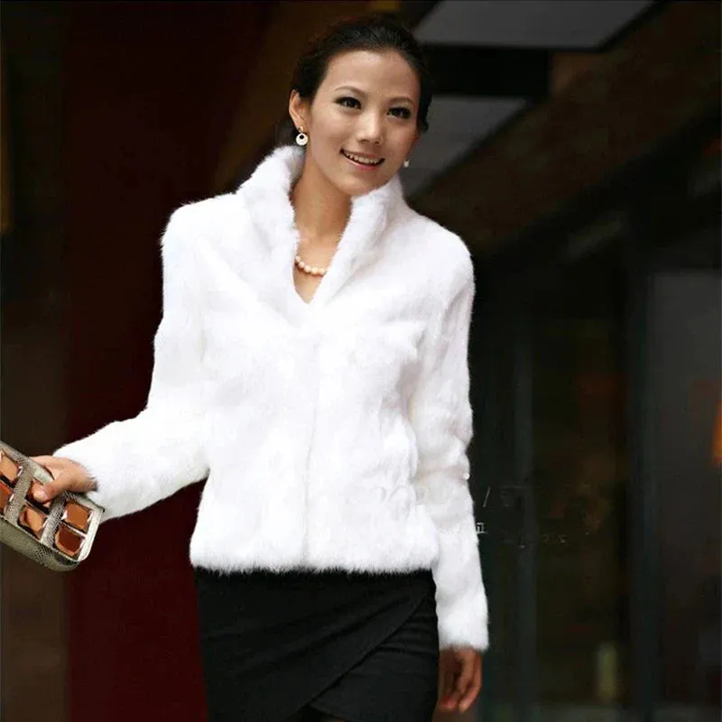 Autumn Winter Genuine Rabbit Fur Coat Women Full Pelt Rabbit Fur Jacket Fashion Fur Mandarin Collar Overcoats
