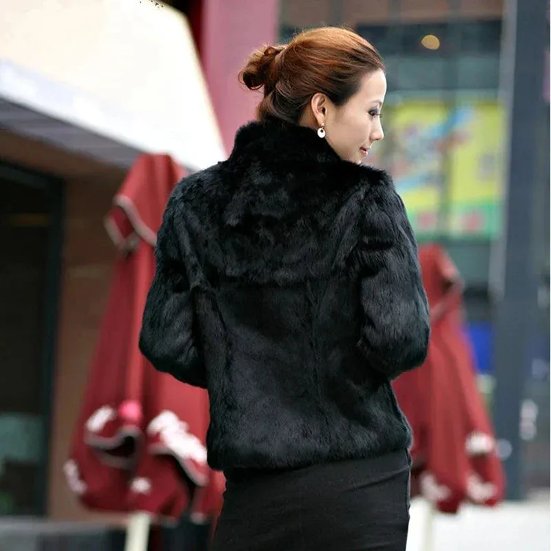 Autumn Winter Genuine Rabbit Fur Coat Women Full Pelt Rabbit Fur Jacket Fashion Fur Mandarin Collar Overcoats