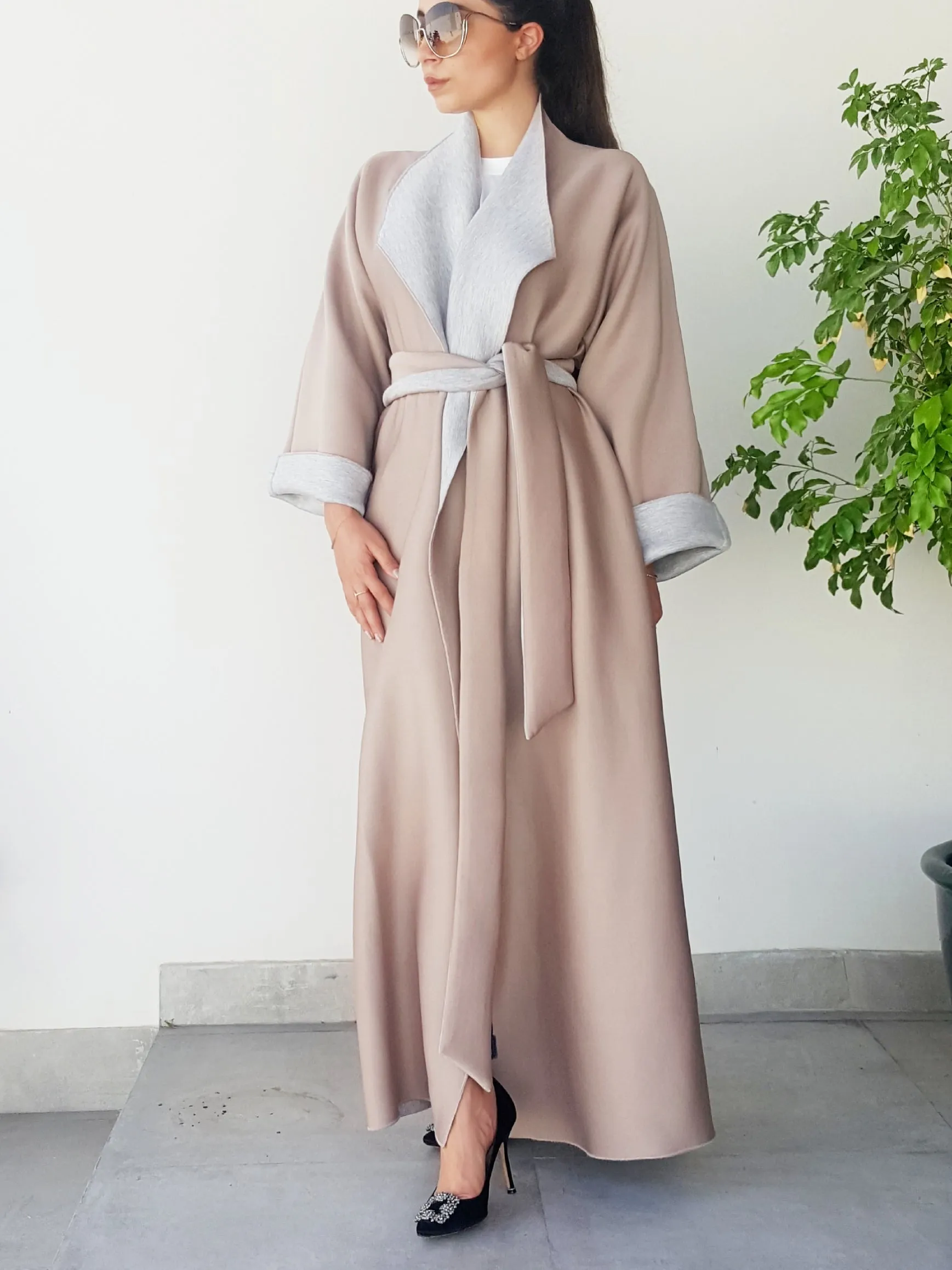 AW17 2 TONE MUSHROOM & GREY OVERLAP ABAYA