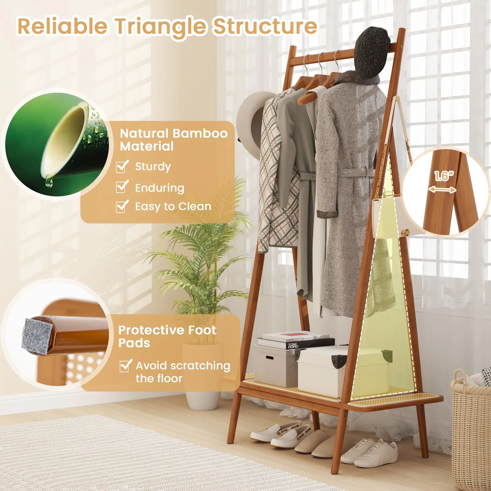 Bamboo Clothes Rack with Hanging Rod Rattan Shelf and Copper Hooks-Brown