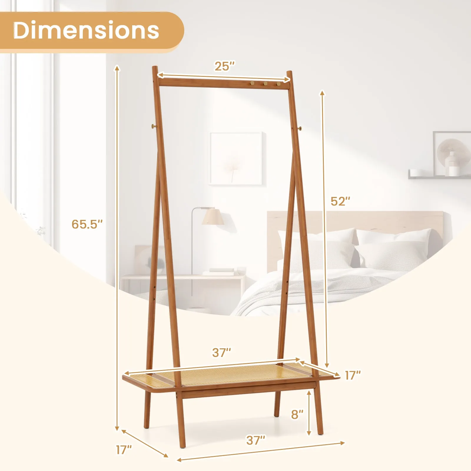 Bamboo Clothes Rack with Hanging Rod Rattan Shelf and Copper Hooks-Brown