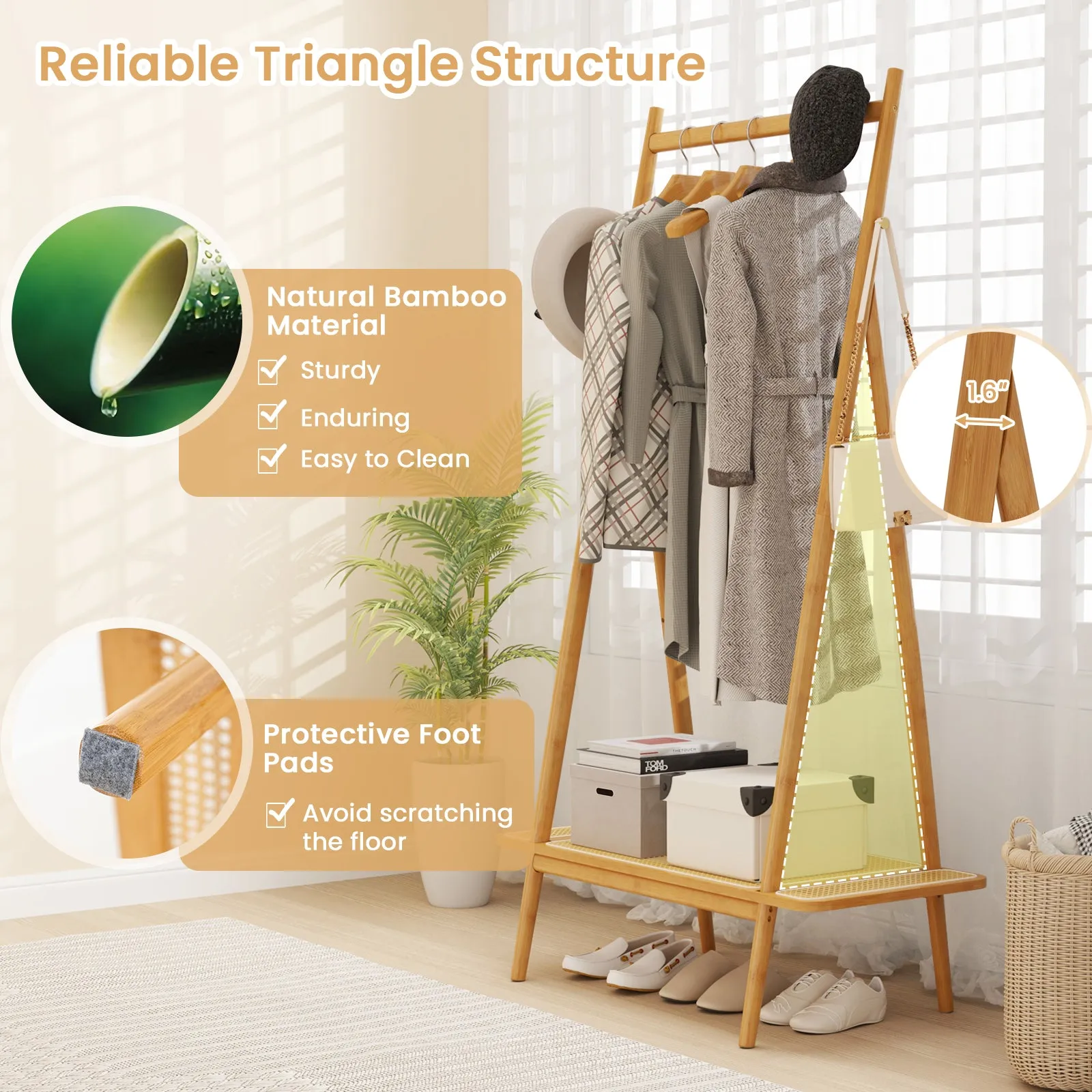 Bamboo Clothes Rack with Hanging Rod Rattan Shelf and Copper Hooks-Natural