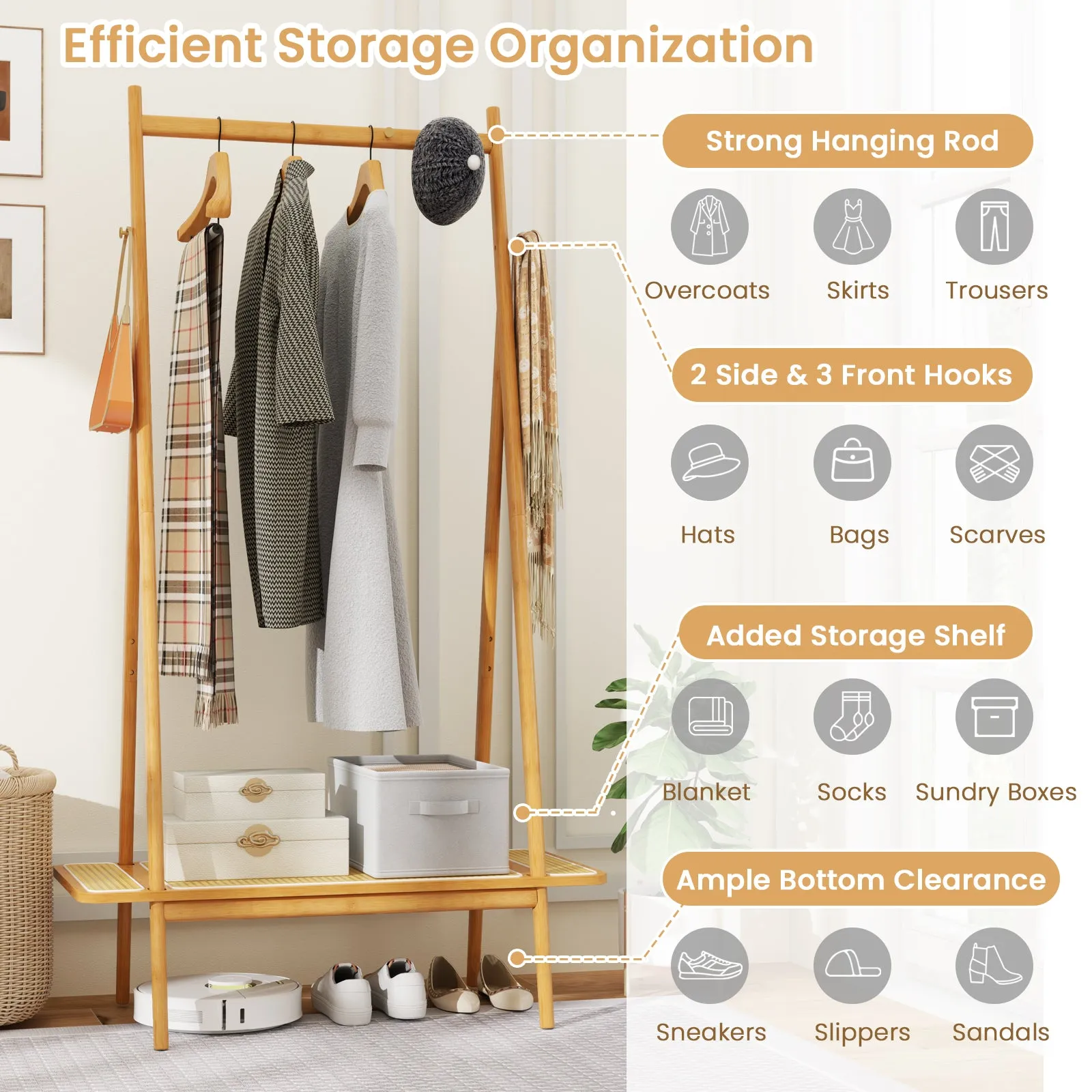 Bamboo Clothes Rack with Hanging Rod Rattan Shelf and Copper Hooks-Natural