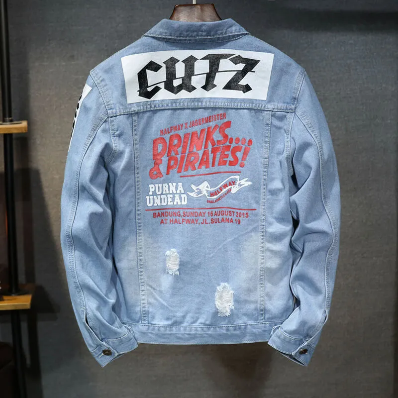 Basic Men's Slim Denim Jacket Button Down Printed Jean Coats
