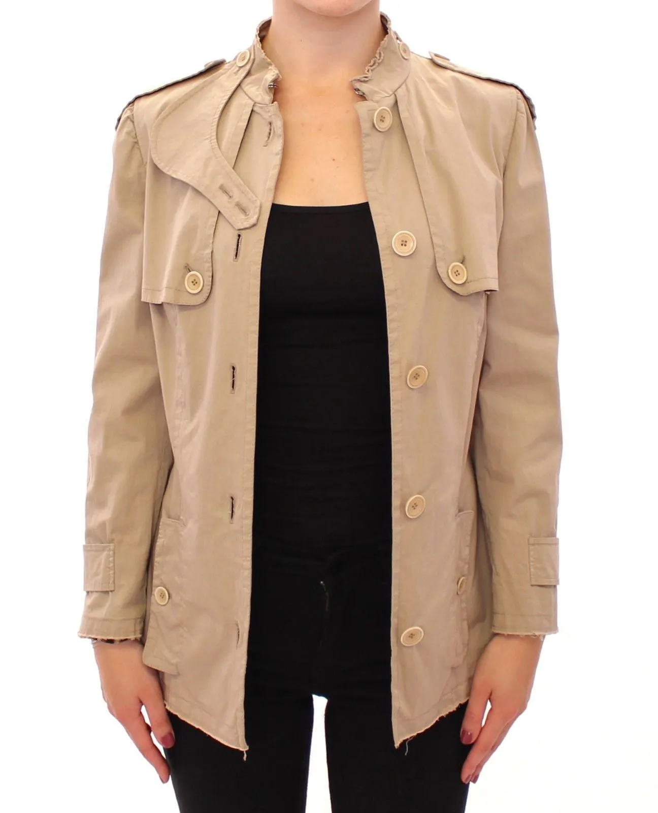 Beige Cotton Short Trench Coat Jacket Top