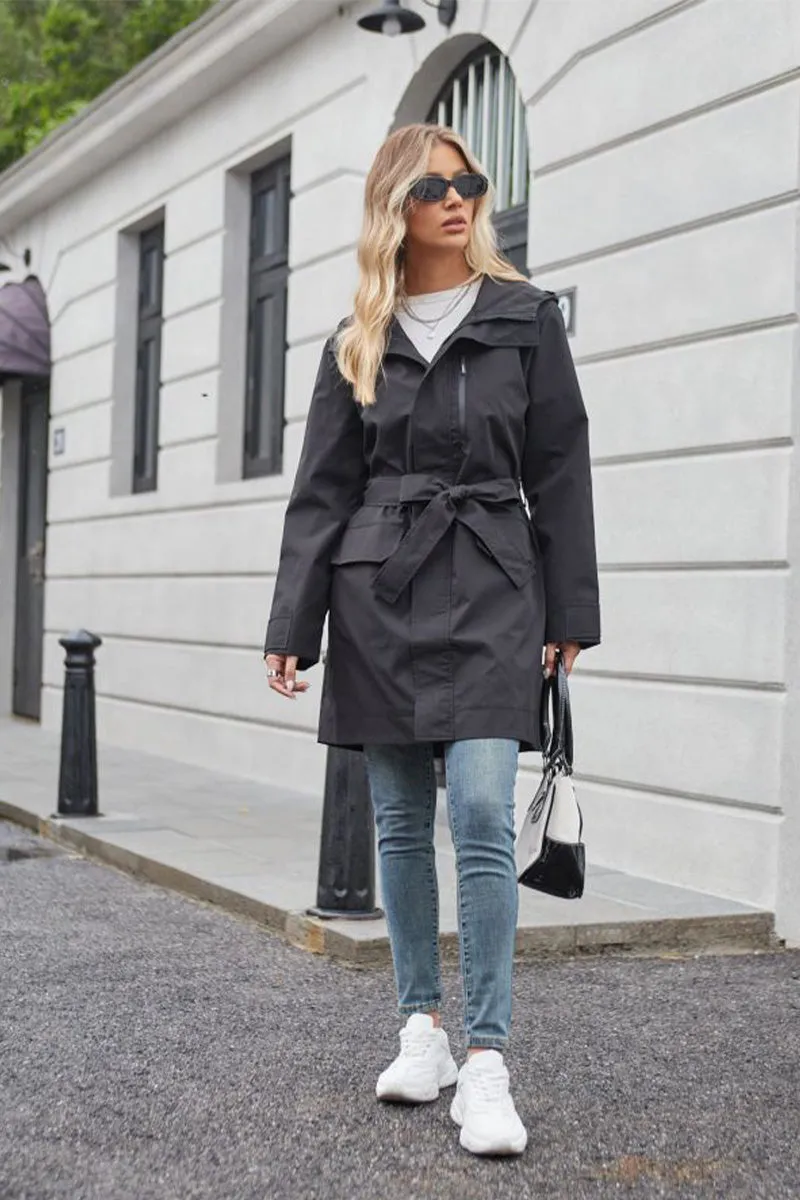 BELTED MIDNIGHT BLACK WINDBREAKER