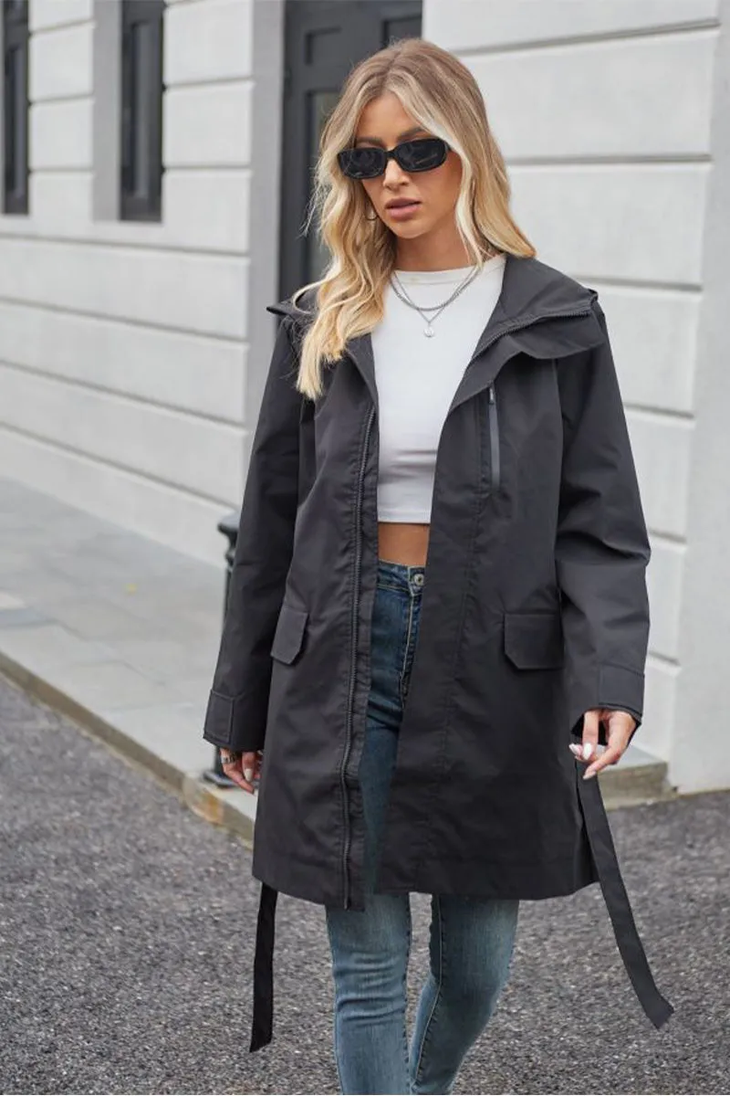 BELTED MIDNIGHT BLACK WINDBREAKER