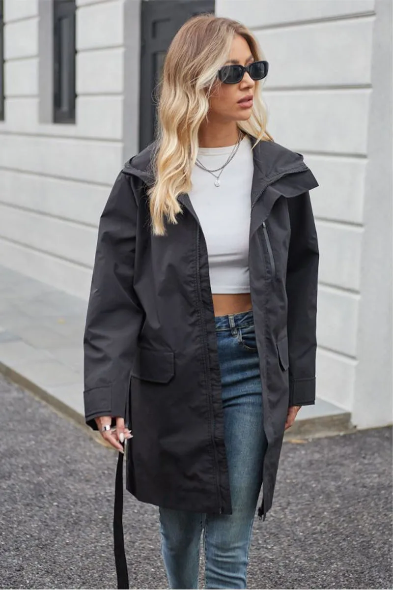 BELTED MIDNIGHT BLACK WINDBREAKER
