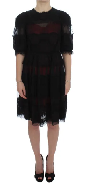 Black Floral Lace Shift Short Sleeve Dress