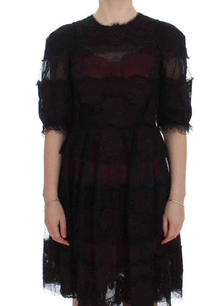 Black Floral Lace Shift Short Sleeve Dress