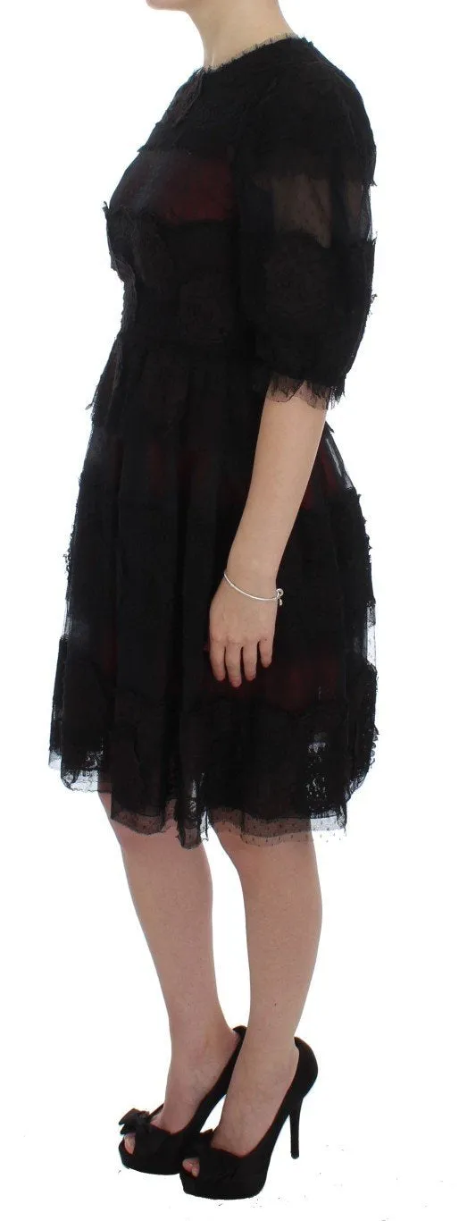 Black Floral Lace Shift Short Sleeve Dress