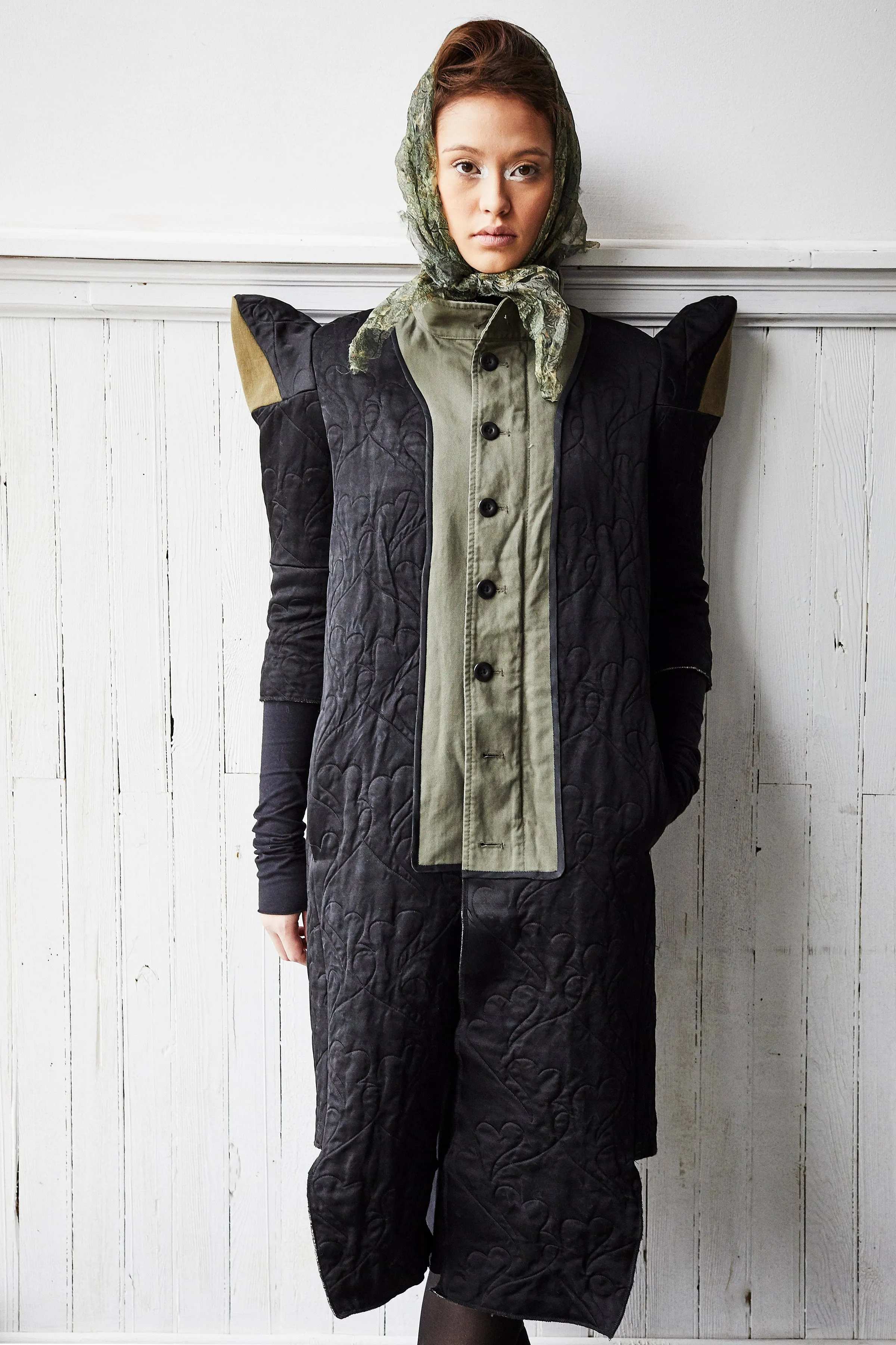 black satin spire sleeve and army coat