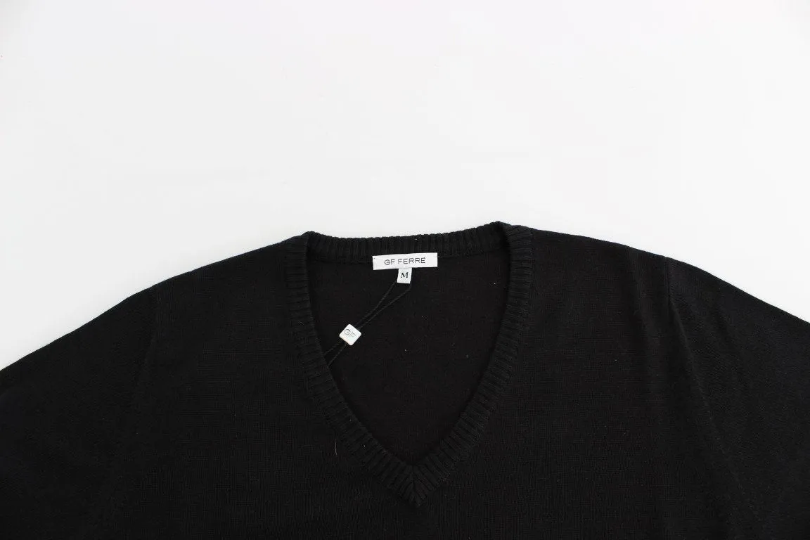 Black Wool Blend Mens V-neck Pullover Sweater
