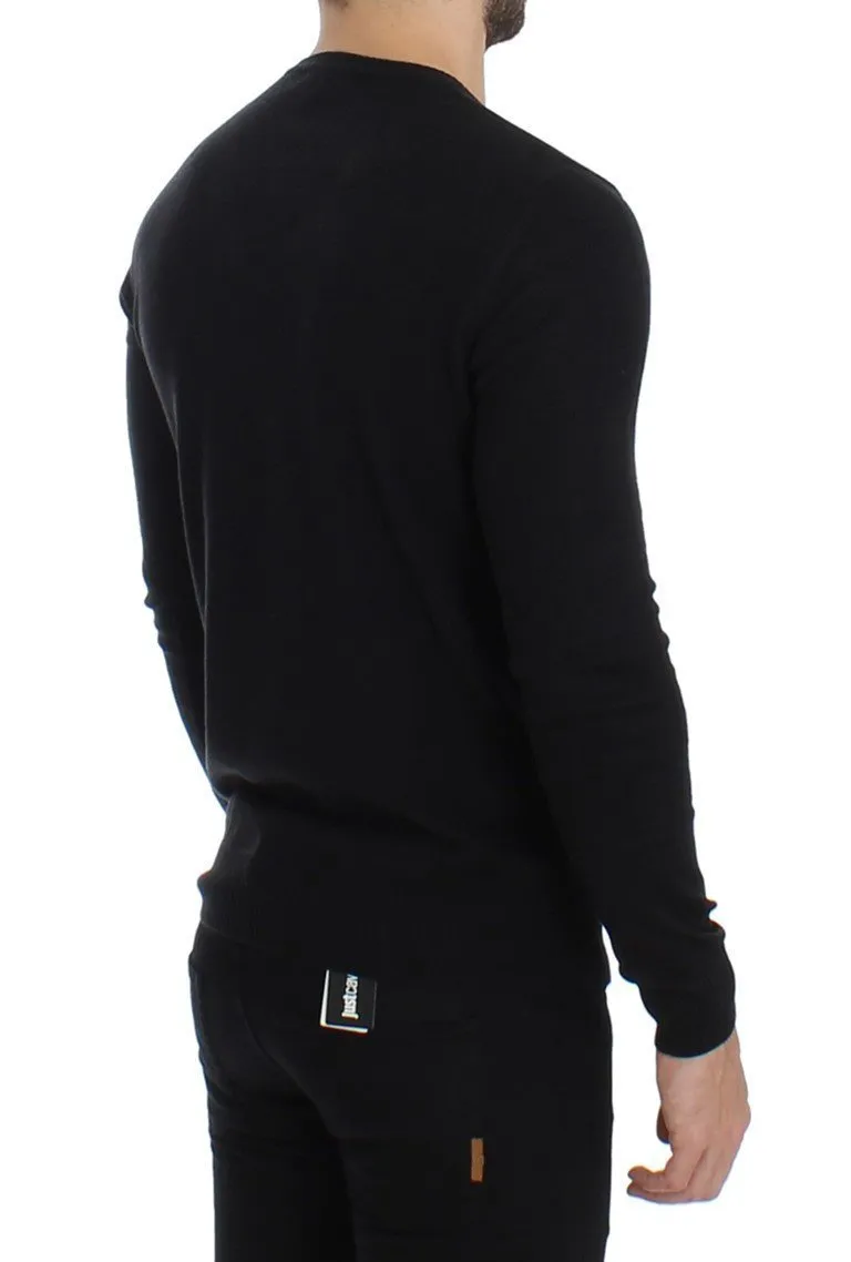 Black Wool Blend Mens V-neck Pullover Sweater