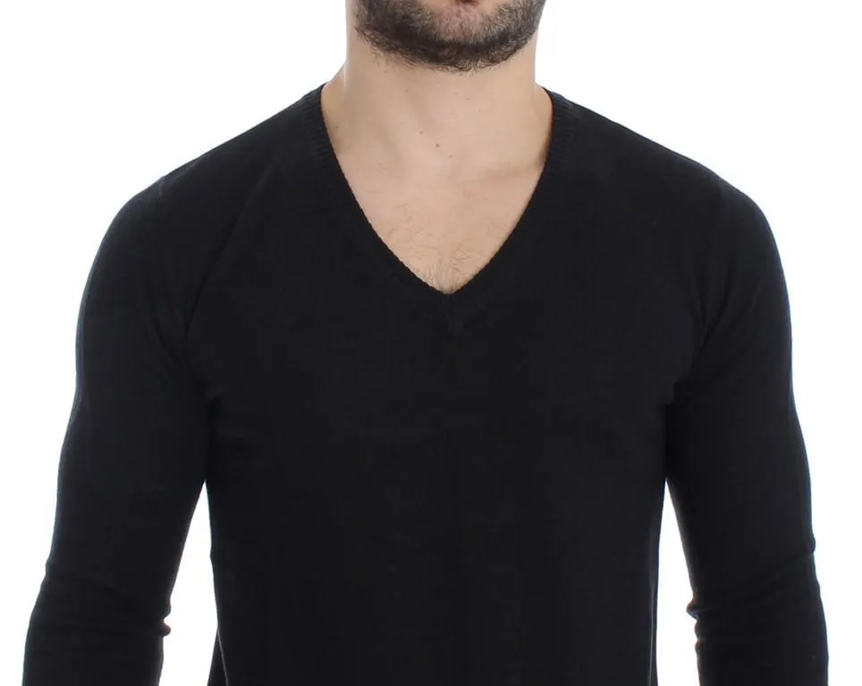 Black Wool Blend Mens V-neck Pullover Sweater