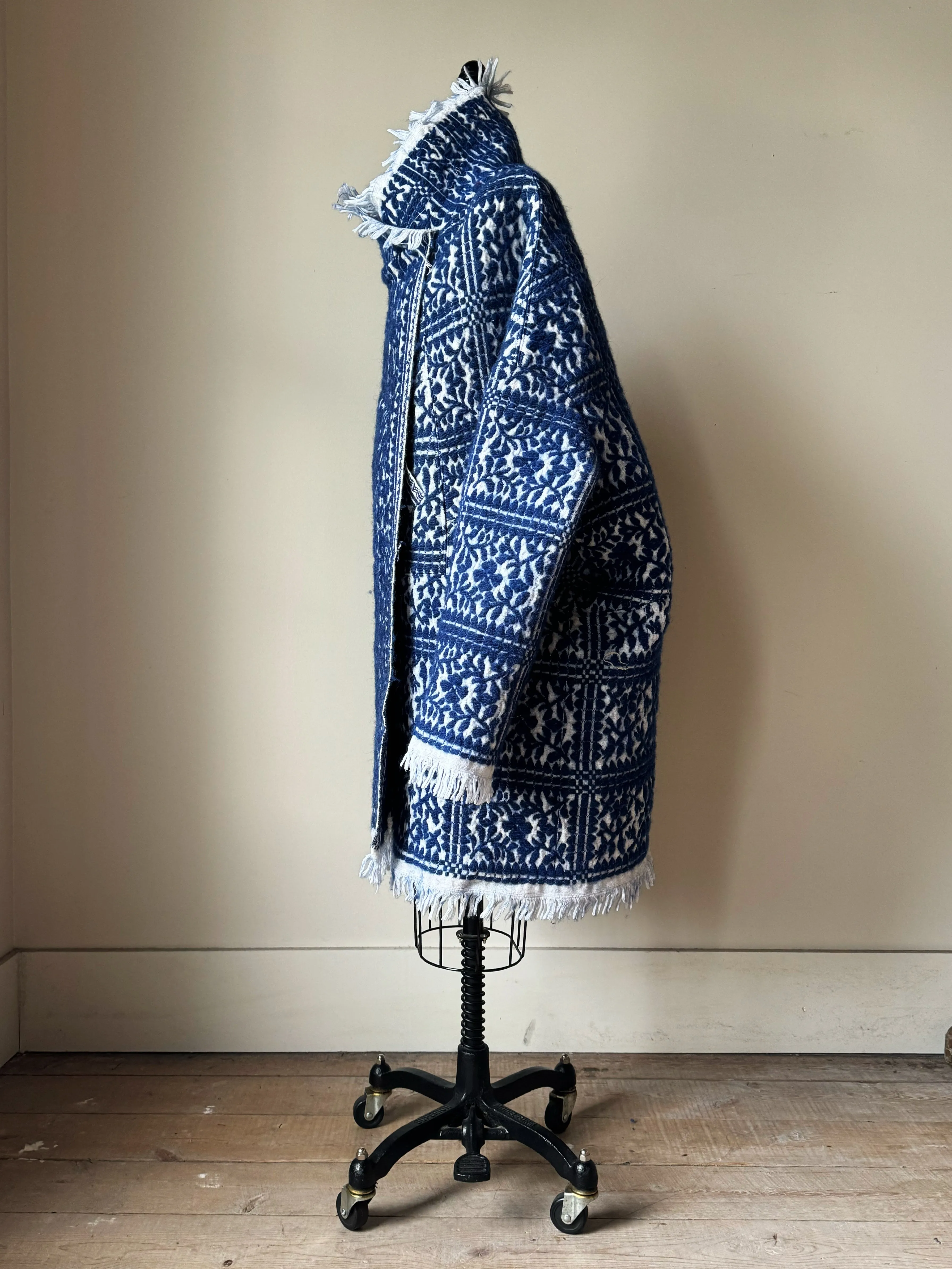 blue and white dutch floral coverlet cocoon coat and jacket combo