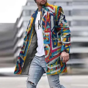 Bonsir Vintage Pattern Print Stand Collar Buttoned Coats Men Autumn Winter Long Sleeve Overcoats Fashion Straight Mens Blazer Jackets