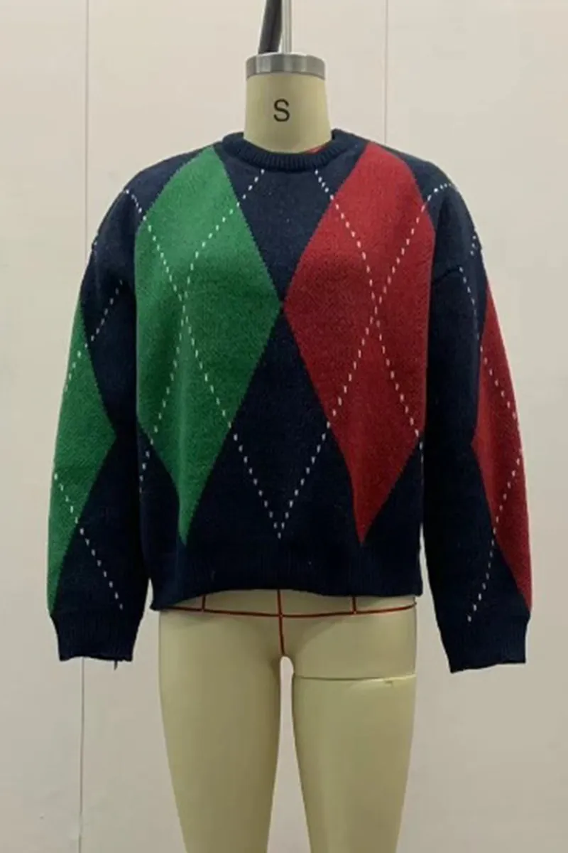 Casual Street Rhombus Patchwork Contrast O Neck Sweaters(4 Colors)