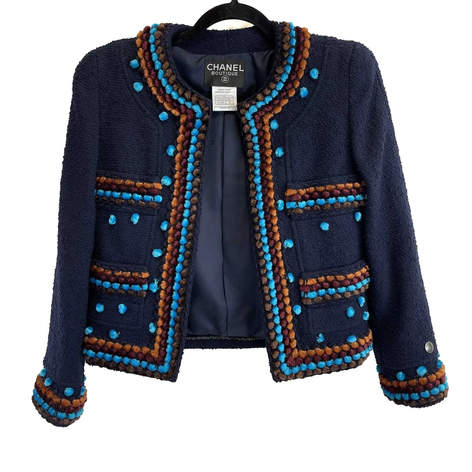 CHANEL - 97A VINTAGE Collectors Navy Popcorn Jacket 36 US 4 Coat Blazer