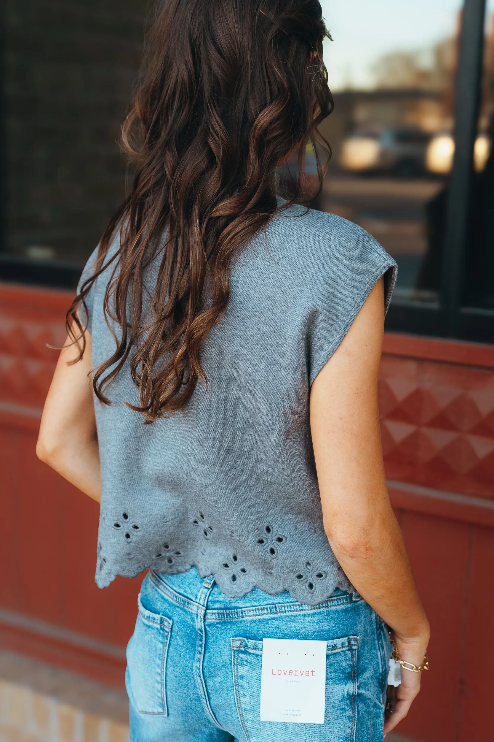 Charcoal Mock Neck Sweater w/Laser Cut Scallop Detail T24746