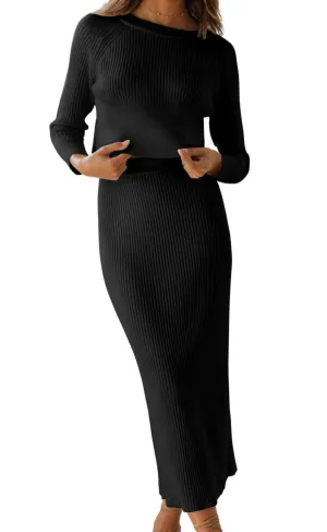 Chouyatou Women's Ribbed Sweater Sets Crop Top and Maxi Bodycon Skirt Sets 2 Piece Outfits