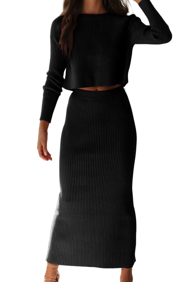 Chouyatou Women's Ribbed Sweater Sets Crop Top and Maxi Bodycon Skirt Sets 2 Piece Outfits